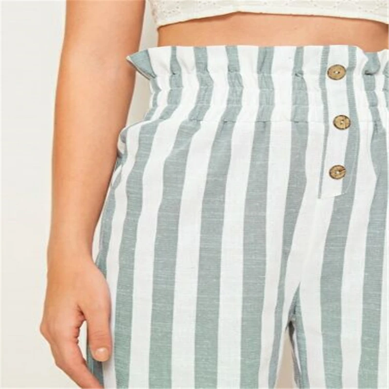 Высококачественные женские летние полосатые широкие брюки на пуговицах с