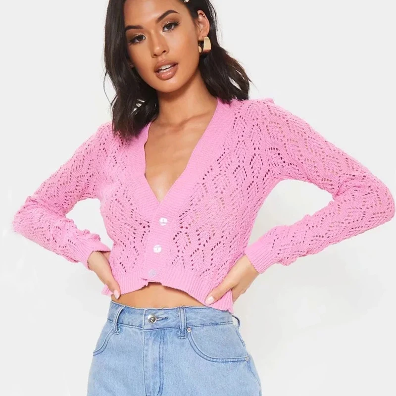 

Women Plunge V Neck Stitch Detail Knitted Cardigans Crop Knit Cardigan