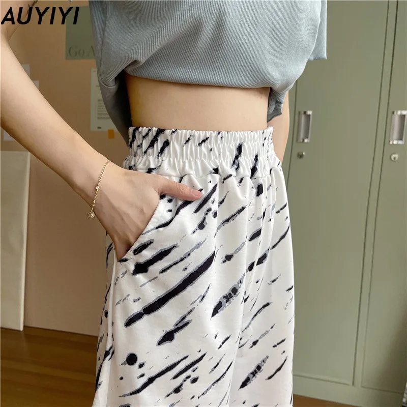 

2021 Fashion women's graffiti white wide-leg pants spring and summer new thin high-waist casual loose straight-leg pants AUYIYI