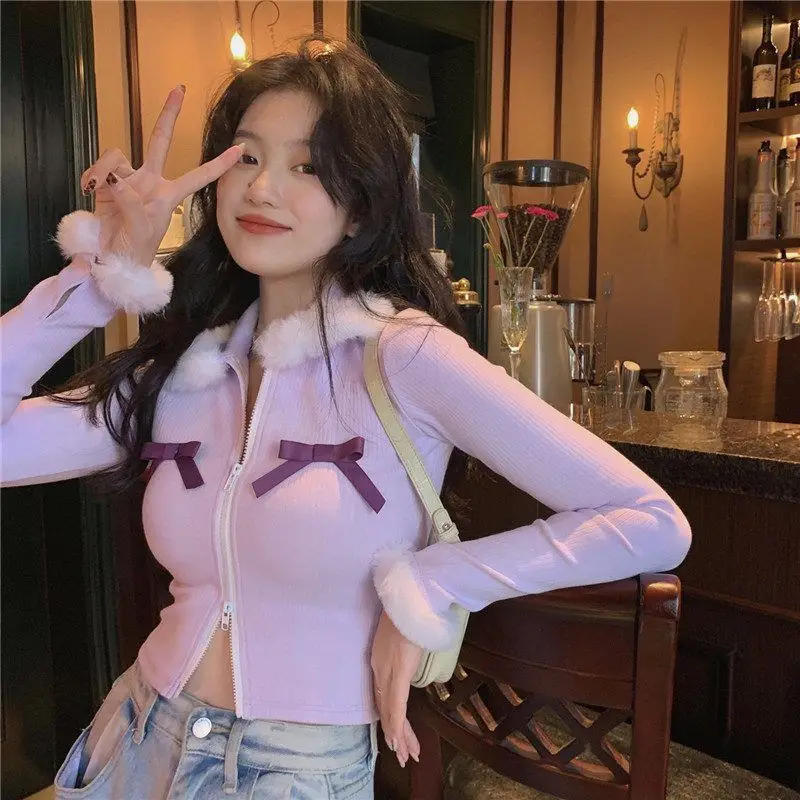 

New Student Korean StyleY2k Cute Hairy Edge Bow Light Purple T-shirt Long-sleeved Zipper Sweet Slim Short Top Female Clothing
