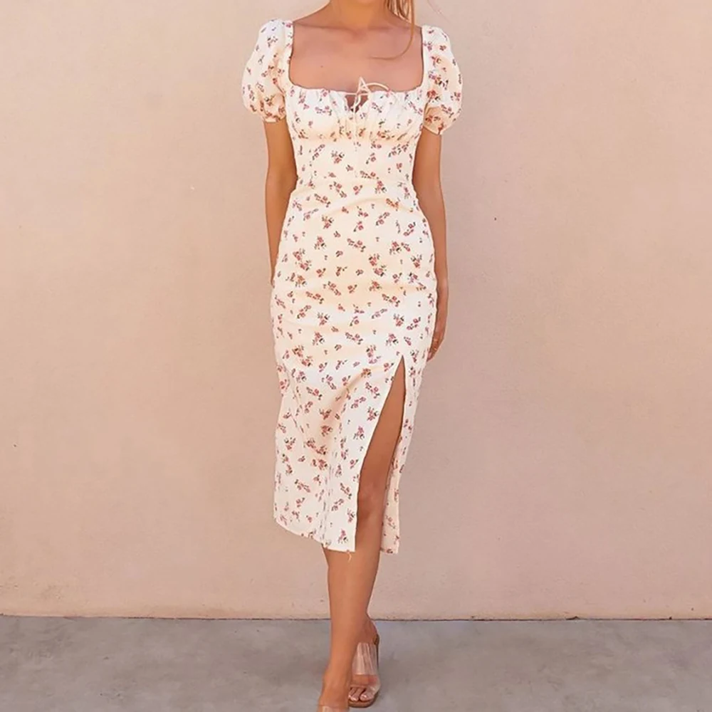 

Vintage Floral Print Midi Dress Sexy Party Club Bodycon Strapless High Split Dresses Elegant Off Shoulder Long Dresses