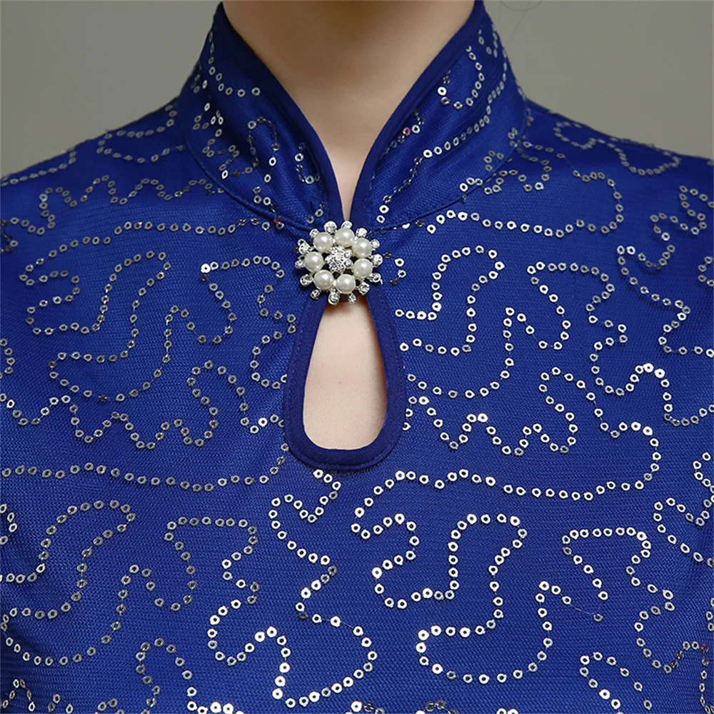 

Chinese Style Black Sequined High Slit Banquet Cheongsam Sexy Women Bride Wedding Evening Party Qipao Dresses