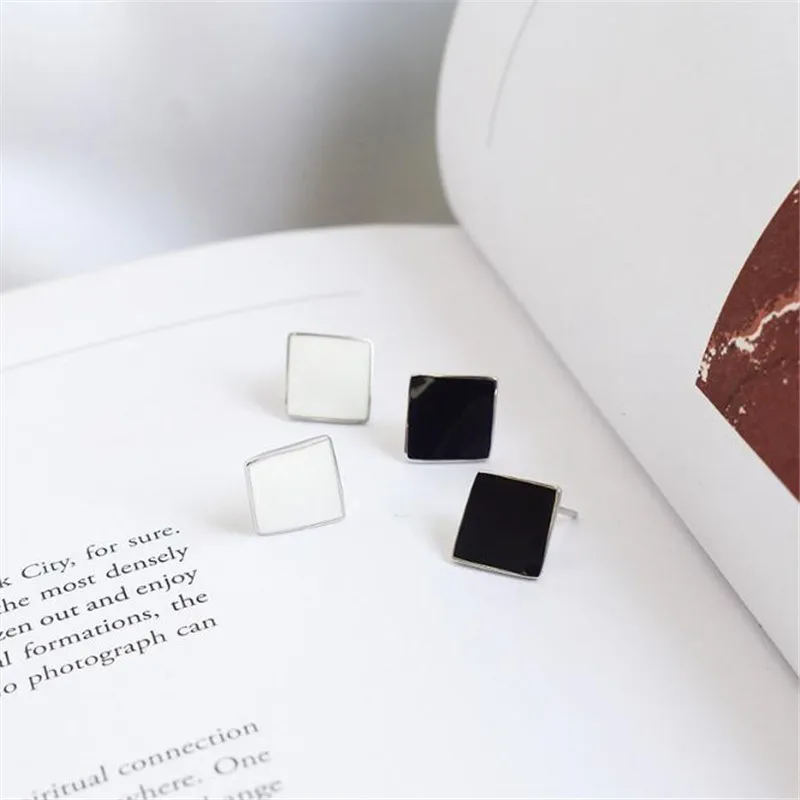 POFUNUO 925 Sterling Silver Geometric Rhombus Girls Stud Earrings Minimalist Women Chic White Black Square Ear Fine Jewelry | Украшения и