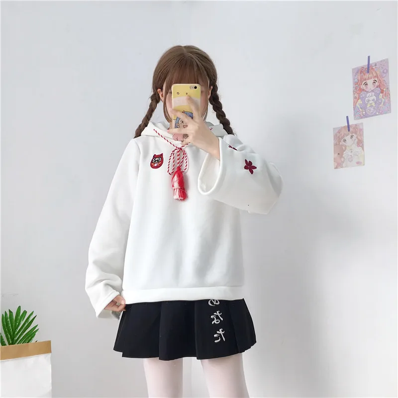 Японские милые уличные модные женские толстовки Harajuku Kawaii С лисьими ушками толстовка с капюшоном с вышивкой Сакура плюс бархатный пуловер Топы