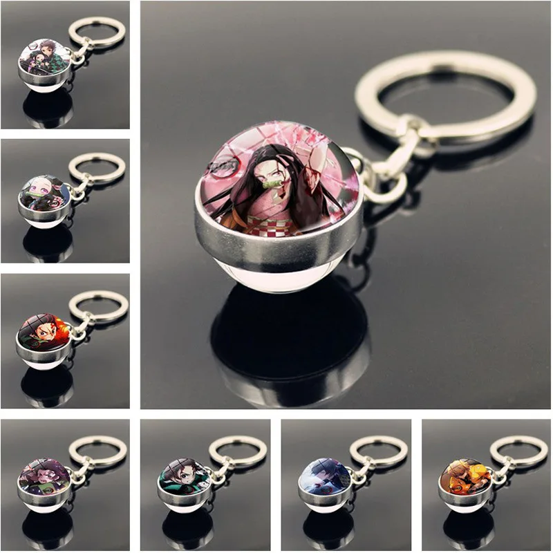 Demon Slayer Keychain Anime Cosplay Kimetsu No Yaiba Kamado Tanjirou Key Ring Double-sided Glass Ball Pendant Accessory Gift