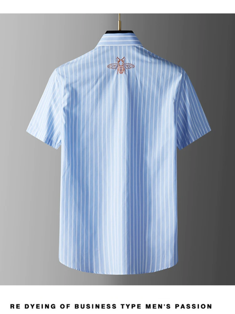 

European and American fashion trend blue and korean white striped shirt cotton men's casual short-sleeved back slim shirt