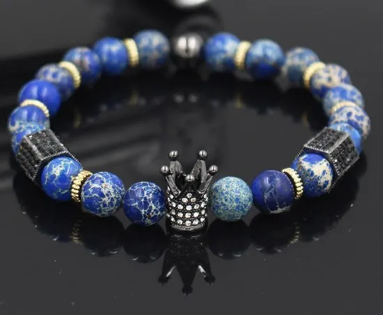 8mm hg3 gold silver Copper cz zircon cubic zirconia elastic adjusted Charm lapis lazuli nature stone agate Onyx Crown Bracelet