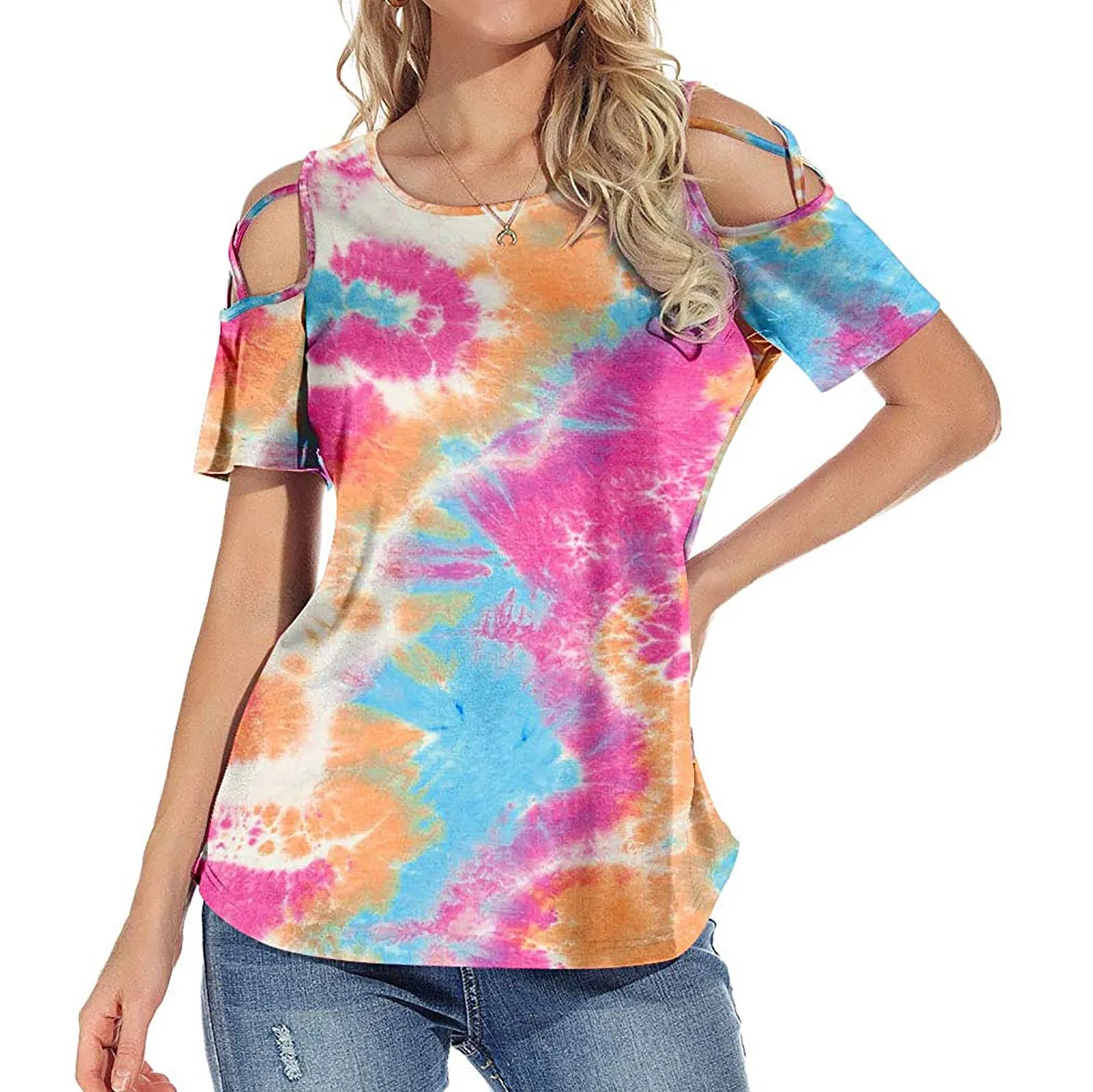 

Women's Spliced Shirts 2021 Summer Printing Short Sleeve Strappy Cold Shoulder T-shirt Tops 2021 Sexy Club T-shirts
