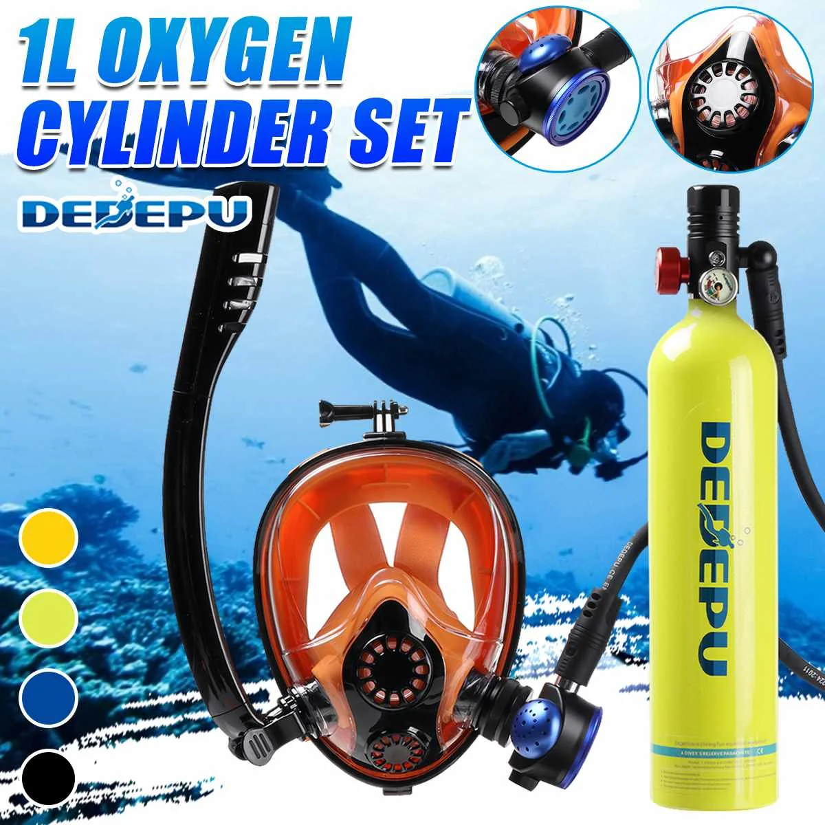 

DEDEPU 1L Oxygen Cylinder Scuba Diving Tank Dive Respirator Underwater Breathing Equipment Tool Set with Full Face Snorkel Mask