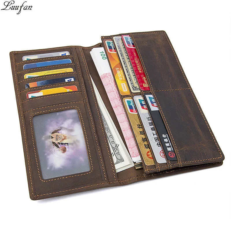 Men's Crazy Horse Leather Long Wallet Brown Cow Bifold With Phone Pocket Cowhide Purse Card Case | Багаж и сумки