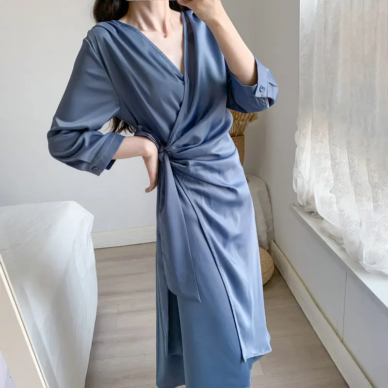 

French Spring Women Blue Wrap Dress V-neck Lacing Up Wrinkle Waist Design Calf Length Silks Satins Fabric One Piece Dresses 2021