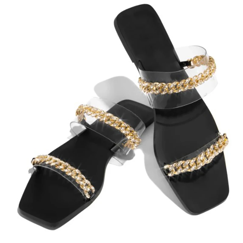 

Trendy Sexy Outdoor Women Slippers Flat Heel Transparent Upper Metal Chain Rhinestone Fashion Slides Ladies Female Shoes Summer