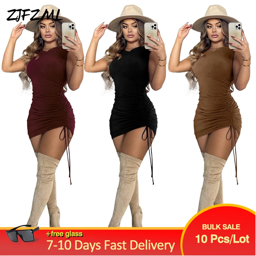 

Bulk Items Wholesale Lots Chic Women's Shoulder Pads Sleeveless Skinny Dress Hipster Solid Color Ruched Drawstring Split Dresses