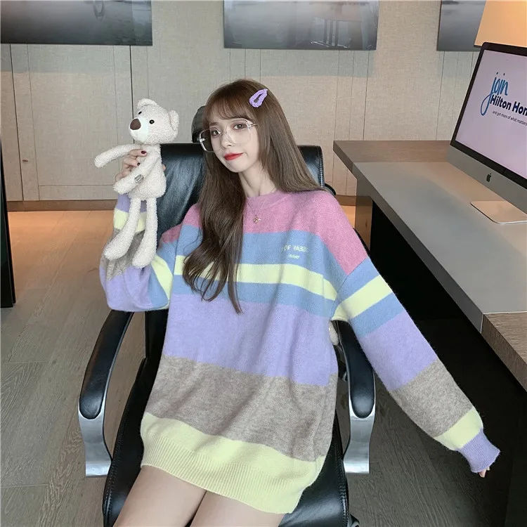 

Korean Style Cute Bear Rainbow Color Oversized Girls Lolita Sweater Knit Sweaters Fashion Pullover Sweet Autumn Knitted Jumper