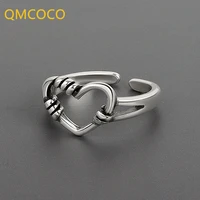 qmcoco 2021 new style silver color rings for women heart shape vintage wedding of trendy jewelry open adjustable rings