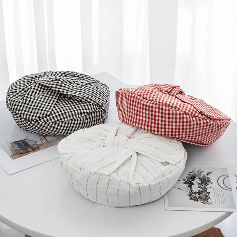 RUHAO Cotton Beret Hat Women Winter Elegant Plaid Stripes Fashion Autumn For Flat Cap Felt Berets | Аксессуары для одежды