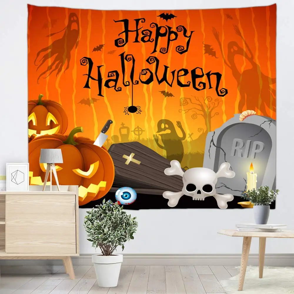 Настенный оранжевый гобелен на Хэллоуин с тыквой надгробием черепом для