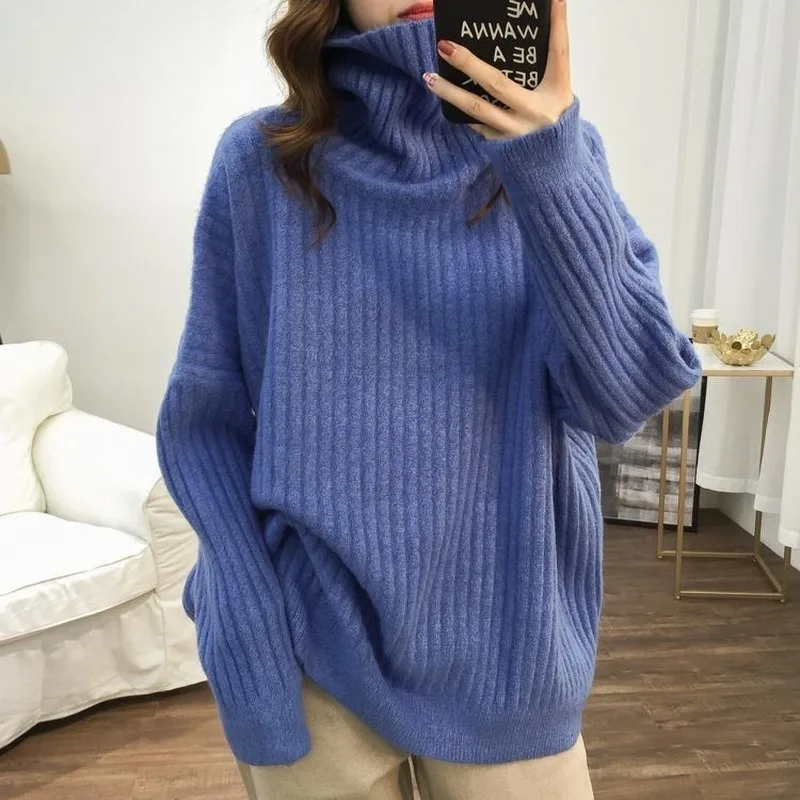

Autumn/winter Korea Pure Color Turtleneck Blouse Girl Long Sleeve Y2K Oversized Sweater Women Fashion Loose Mid Long Pullovers