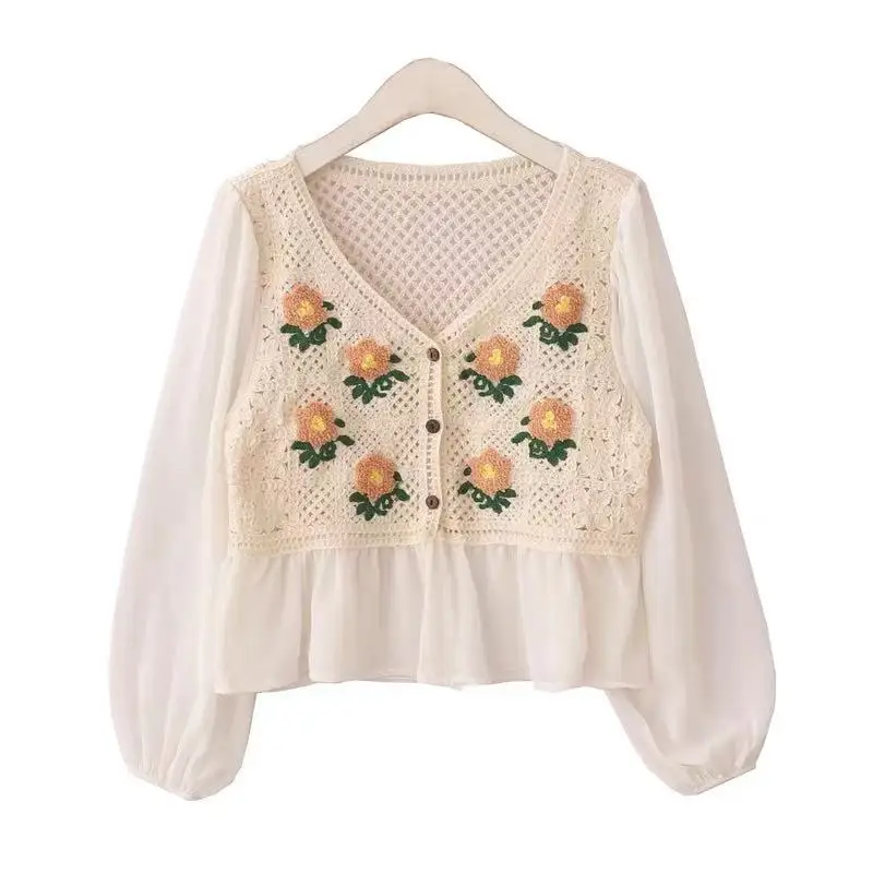 

Elegant Floral Embroidery Blouse Shirt Sexy Hollow Out Blouses Feminine 2021 Summer Chiffon Sleeve Crocheted Blouses Women Tops