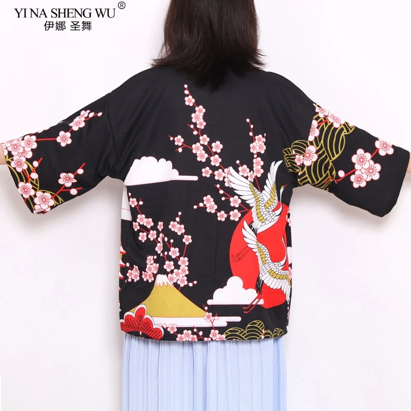 

Кимоно с японским краном для мужчин и женщин, кардиган Yukata, рубашка, блузка, одежда Obi, японское традиционное кимоно, пальто с поясом, половин...