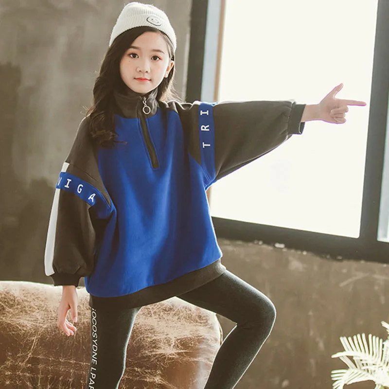 

Teen Kids Fleece Sweatshirt Winter Thick Hoodie Blue Sport Sweatshirt for Girls Tops 12 Year Kids Outfits Children Clothes