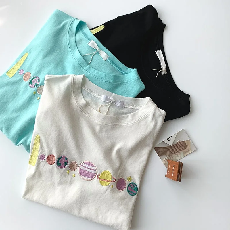 

Женские футболки с вышивкой, летние прямые, с круглым вырезом и коротким рукавом