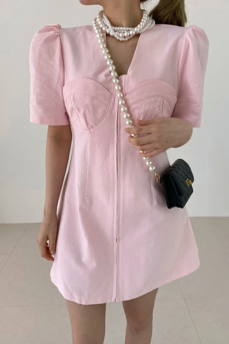 

Korean style Chic French dress Summer Sexy Slimming dress Zipper elegant Slim Fit Dress solid colourfashion dress for women