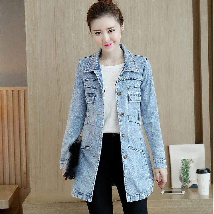 Женская модная женская куртка Весенняя длинная тонкая джинсовая с длинным