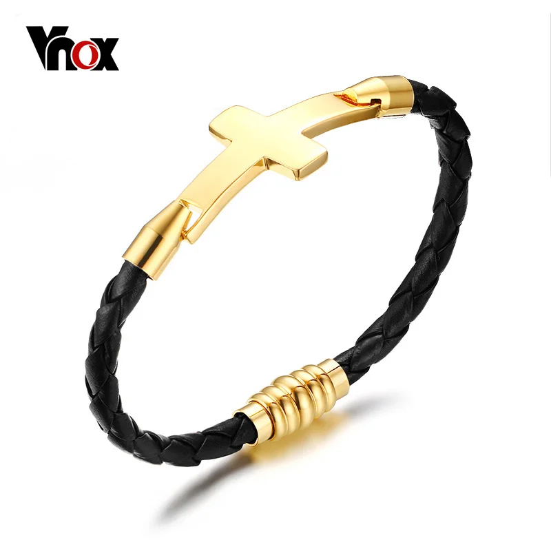 

Vnox Braid Genuine Leather Bracelet Men Women Stainless Steel Metal Cross Gold