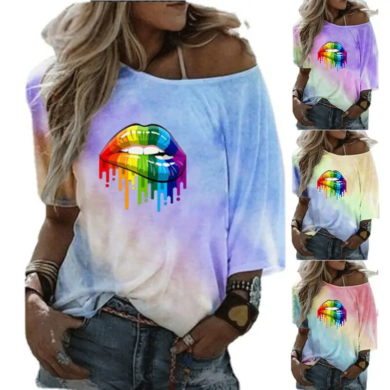 

VICABO Shirt for Women Fashion Summer Women's Tops Loose Casual Short Sleeve T Shirt Female Lips Printed Tie-Dye Ladies T-Shirt