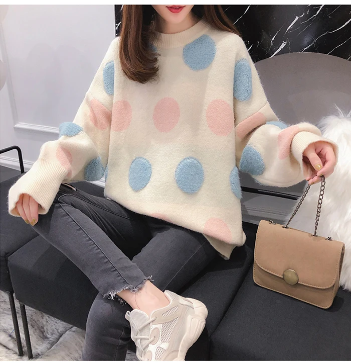 Женский милый sweater в горошек TIGENA, теплый вязаный свободный пуловер с длинным рукавом, джемпер для женщин на зиму