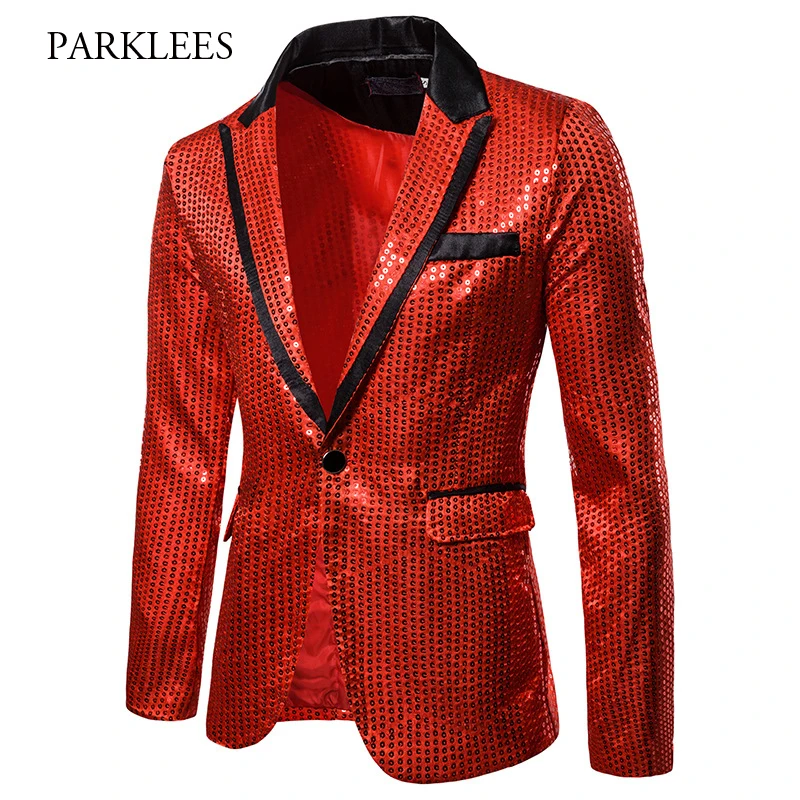 Мужской блестящий пиджак красный на одной пуговице мужская мода ночной клуб