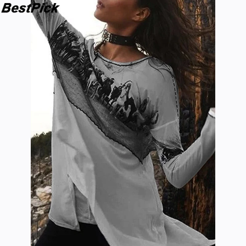 

2021 Fashion Retro Printed Women Long Sleeve Top Blouse Asymmetrical T Shirt Casual Loose Aesthetic Tees Shirts Blusas Mujer