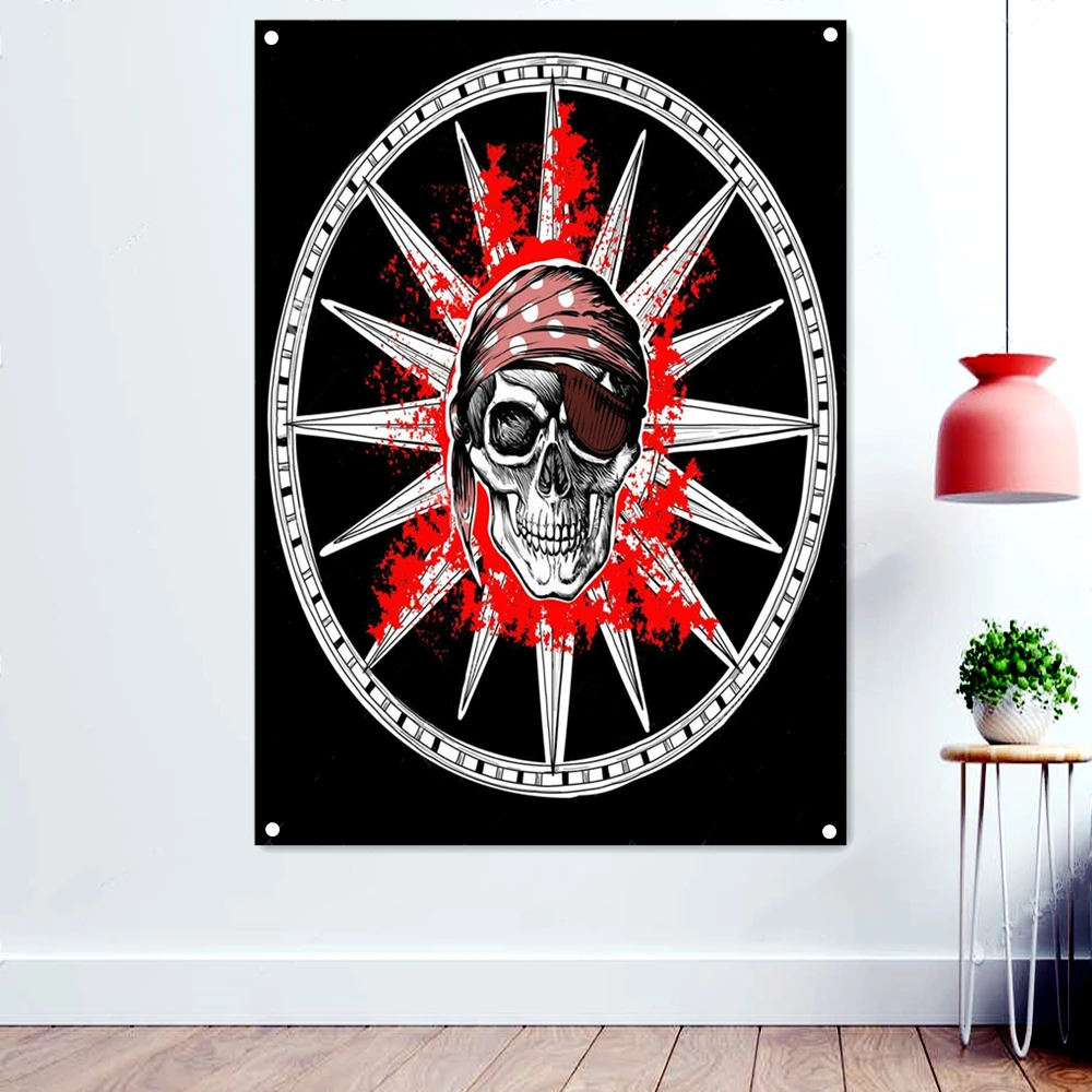 

Rose Skull Pirate Symbol Flag Wall Art Tapestry Wall Decor Jolly Roger Poster Red Blood Blots Hanging Cloth Banners 4 Grommets