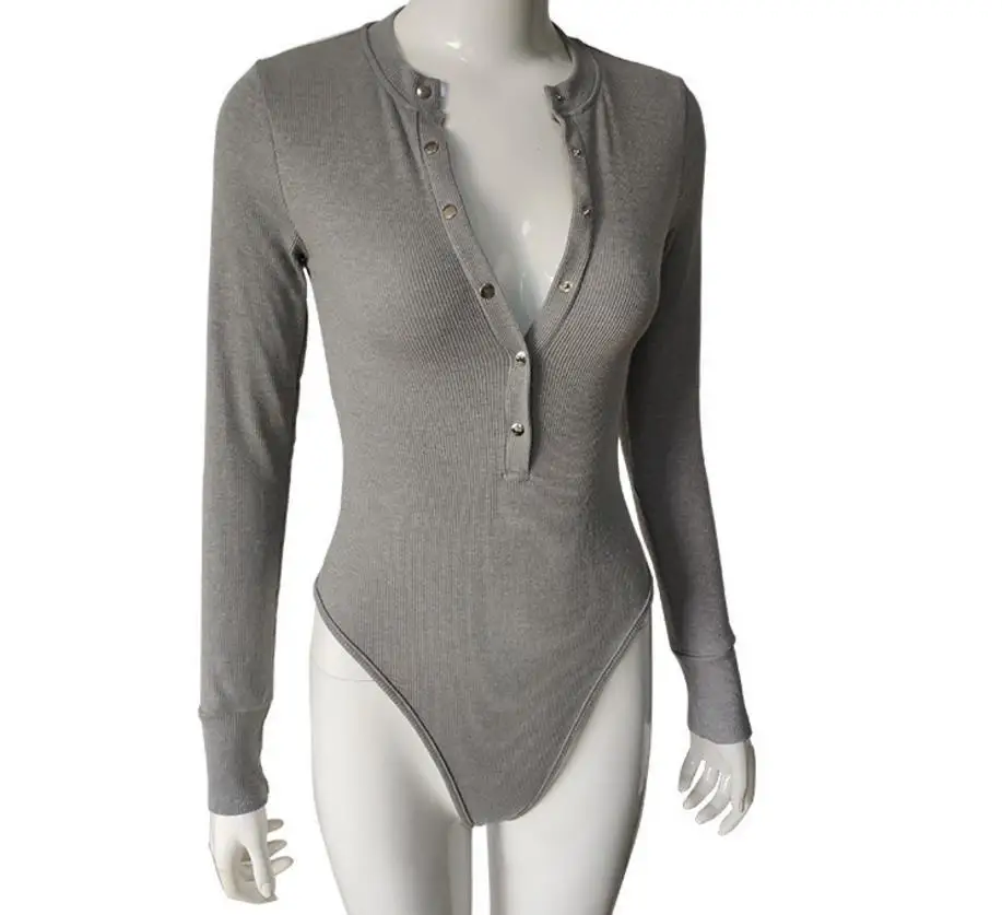 

Women's Long Sleeved Stripe Jumpsuit Rompers Bottoming Top T Shirt deep V Neck Skinny Slimy Style