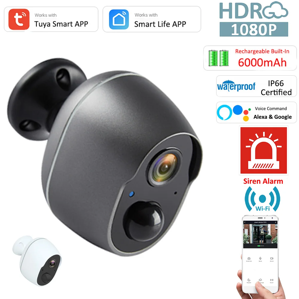 

Alexa Google Tuya 1080P Battery Siren Camera Wireless WiFi CCTV Security Solar IP66 Outdoor Infrared 135° Audio Video Camera