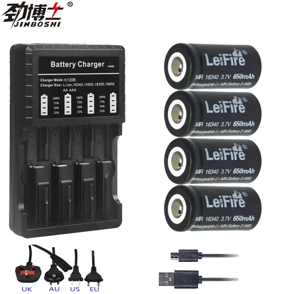 4X16340 650mah 3,7 v cr123a 16340 аккумуляторная батарея rcr123a 16340 литиевые батареи+ 4-слот, зарядное устройство для фонарика
