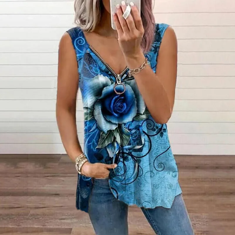 

Summer Women Vest Floral Printed Sexy V-Neck Sleeveless Casual Ladies Tank Tops Zipper Comfortable Female Streetwear Mujer Tops