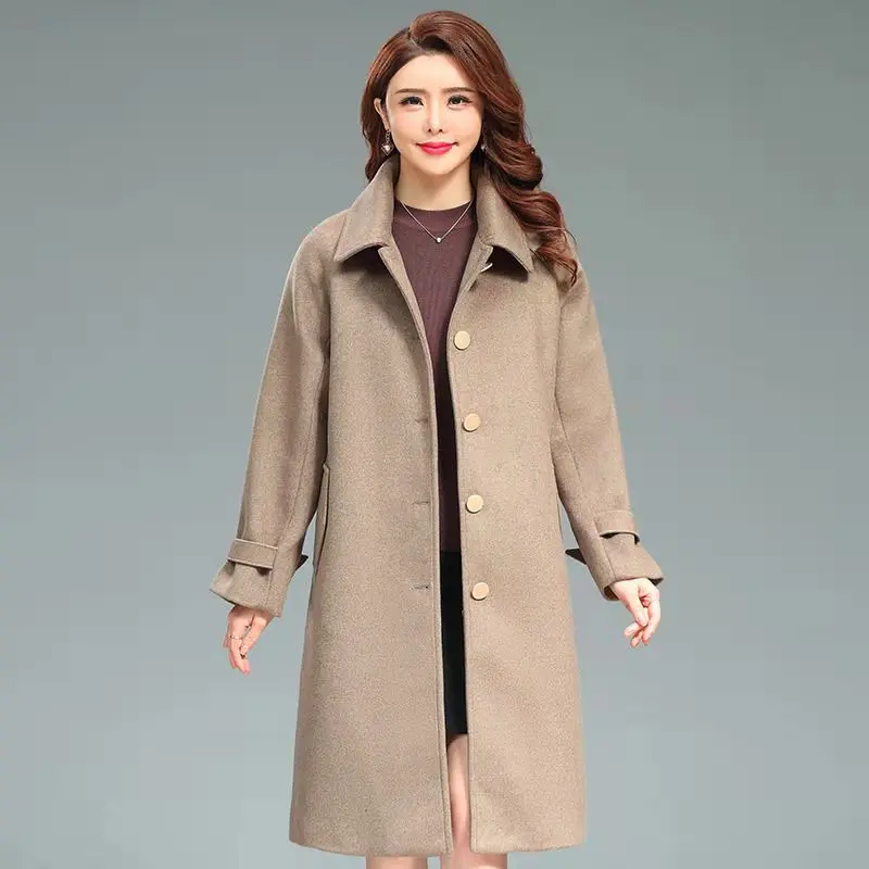 Женское шерстяное пальто с поясом винтажное однобортное длинное Свободное