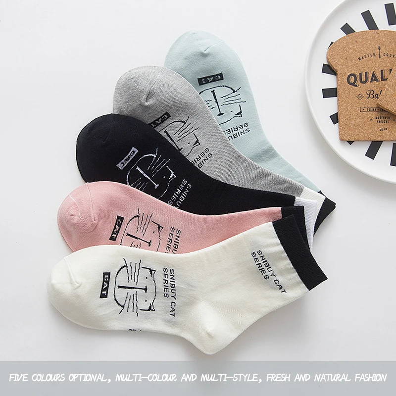 5 пар модные женские Короткие Носки с рисунком котенка красочная трубка