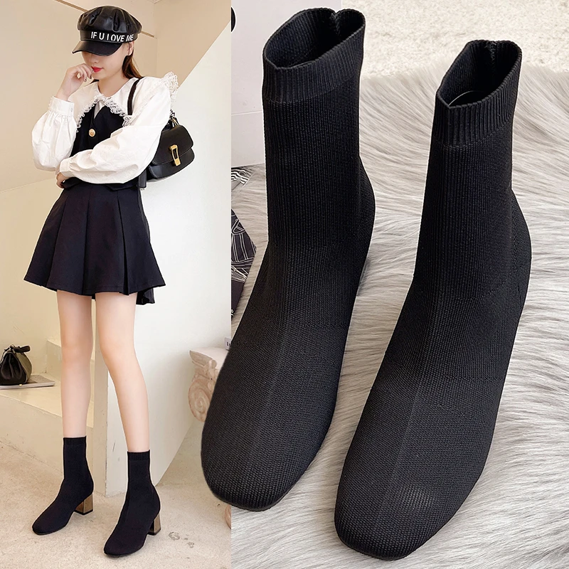 

Женские ботинки с острым носком, бежевые эластичные ботильоны на толстом каблуке, сезон осень-зима, 2022