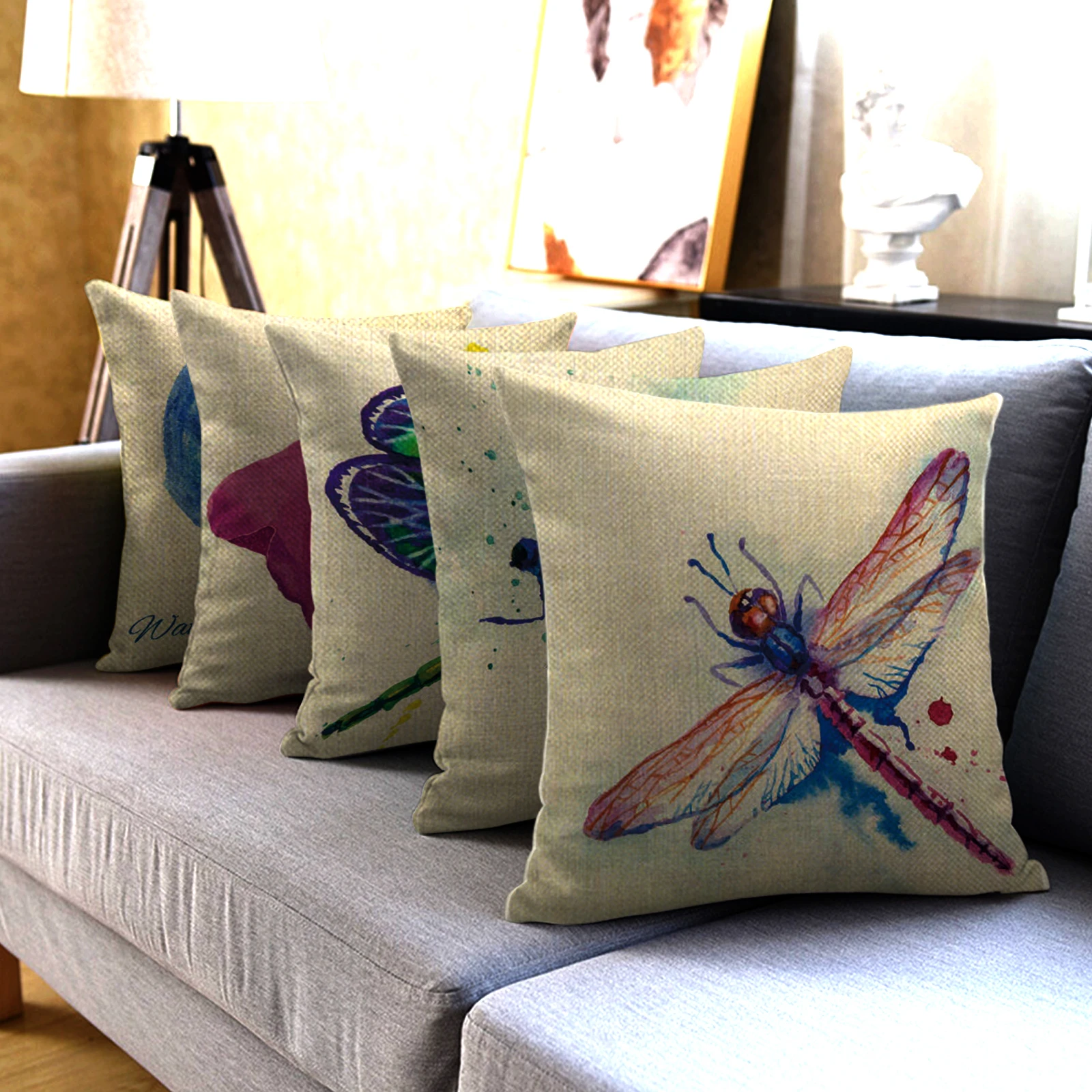 

Fuwatacchi LAbstract Painting Pillow Case Linen Dragonfly Photo Sofa Cushion Cover For Home Car Window Seat Decor Pillowcases