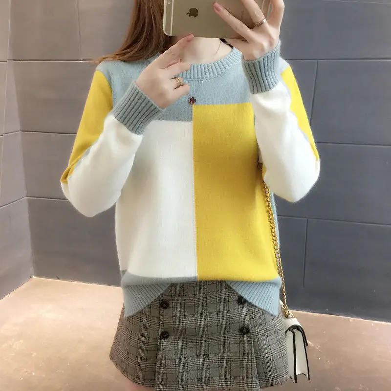 0.5 New Arrival Thick Winter Knitted Women Sweater Plus Velvet O-neck Contrast Color Pullovers | Женская одежда