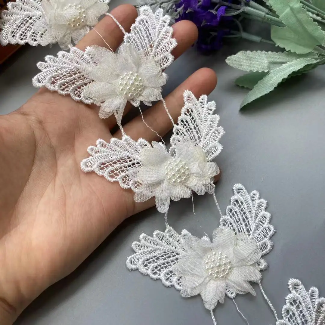

1 Yard 3D Butterfly Pearl Beaded Flower Embroidered Lace Trim Ribbon Floral Applique Patches Dress Fabric Sewing Craft Vintage