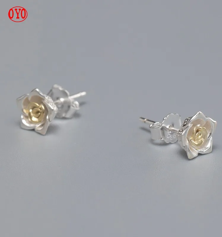 

s925 silver vintage color separation five petal rose stud earrings