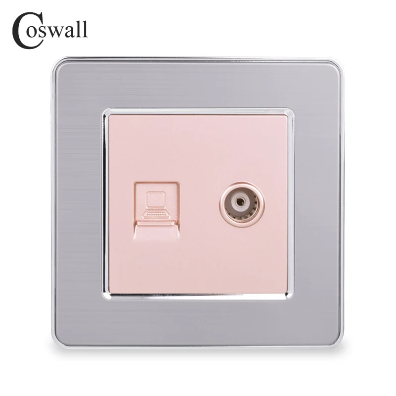Gold COSWALL RJ45 Интернет данных компьютерный разъем CAT5E разъем с женский ТВ выход нержавеющая сталь матовая панель настенная розетка - Тип: Gold