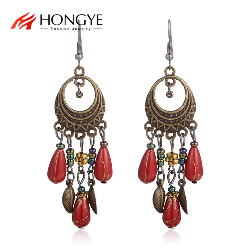 

2022Recommend Bohemia Green Red Colourul Beads Drop Earrings For Women Vintage Exaggerated Ethnic Gypsy Jewelry Gift New