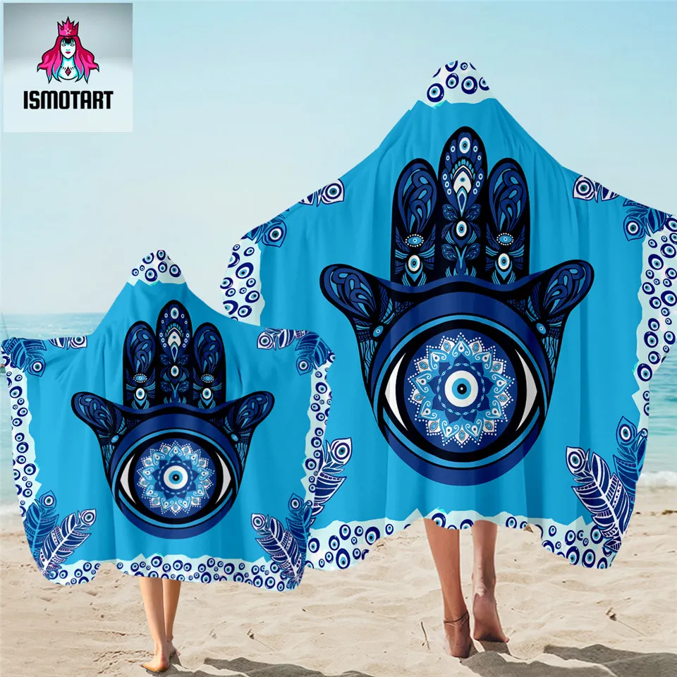 Evil Eye Hamsa by Ismot Esha Hooded Towel Mandala Bath With Hood Hand Wearable Beach Wrap Peacock Feather Summer Blanket |