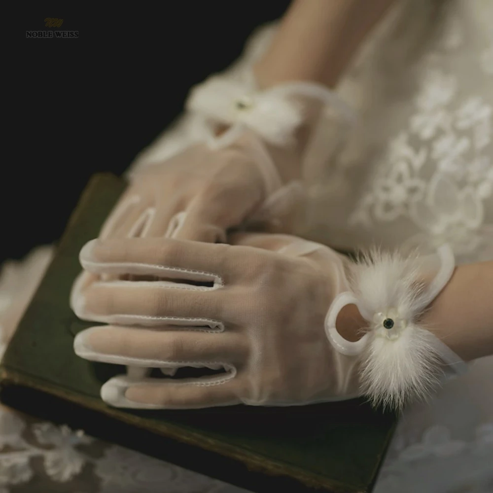 

Women Wedding Bridal Short Gloves Full Finger See Through Ribbon Bowknot Decor Wrist Length Costume Prom Party Gloves