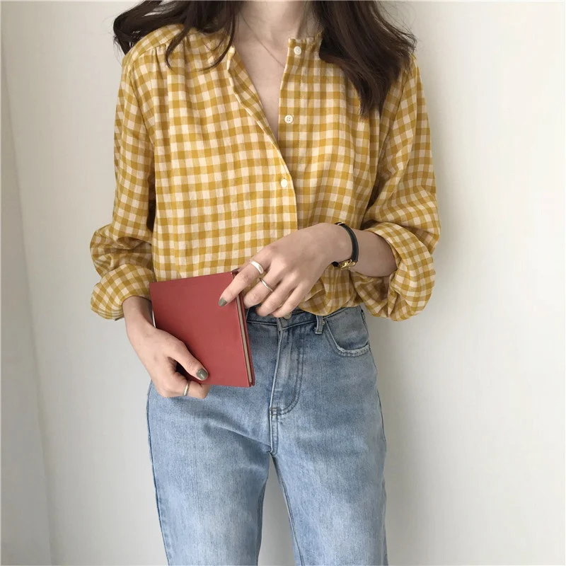 

Autumn New Round Neck Plaid Loose Breathable Sweet Casual Long-sleeved Shirt